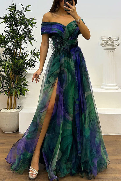 Jinnie Tulle Feather Pendant Pleated Off Shoulder Slit Maxi Dress