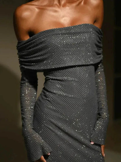 Off Shoulder Strapless Sparkle Backless Long Flare Maxi Dress