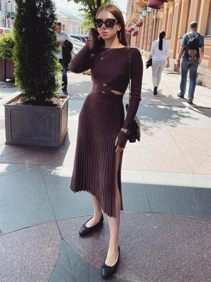 New White Knit Two Piece Sets Fall Ribbed Crop Top and Pleated Knitted Skirt Suits for Midi Dress Sets
