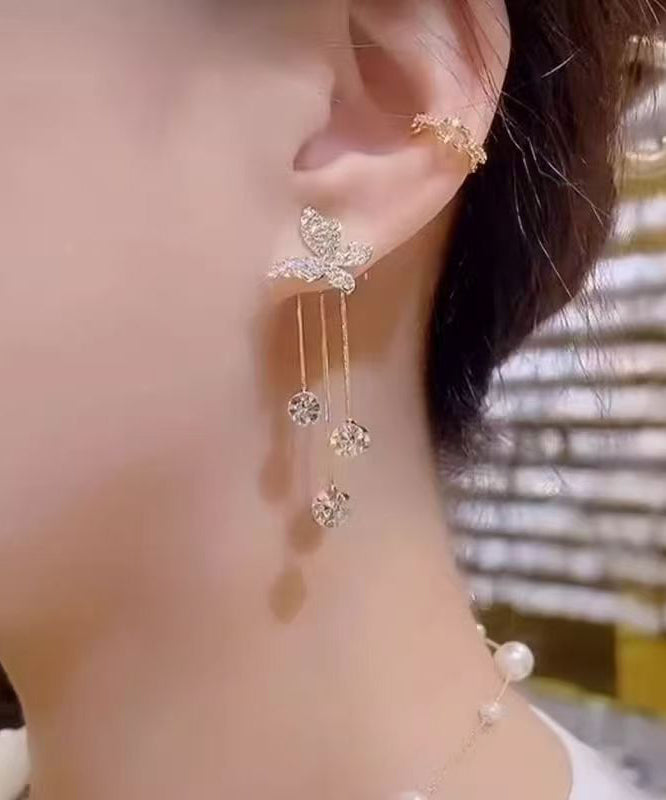 Gold Copper Overgild Zircon Butterfly Tassel Drop Earrings