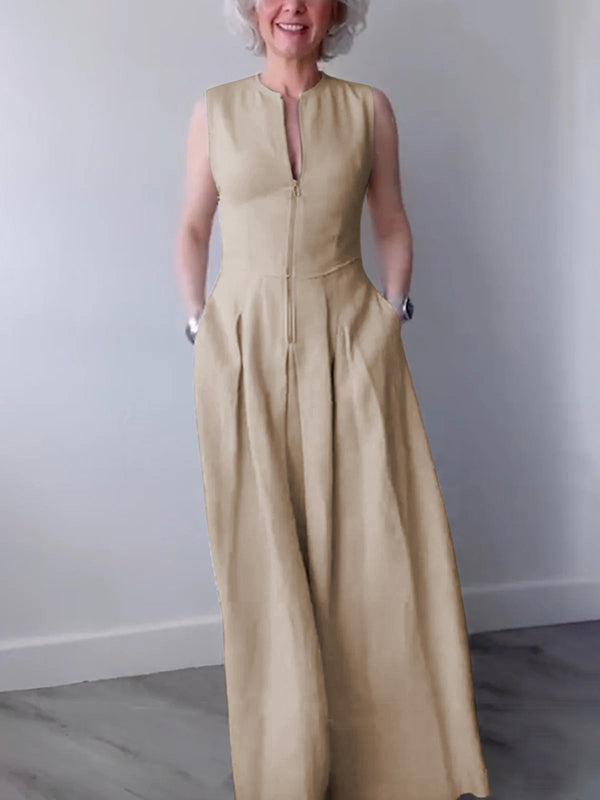 A-line Loose Pleated Pockets Split-joint Zipper Round-neck Maxi Dresses