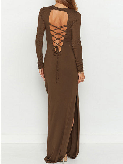 Bodycon Long Sleeves Backless Hollow Color Split-side Round-neck Maxi Dresses