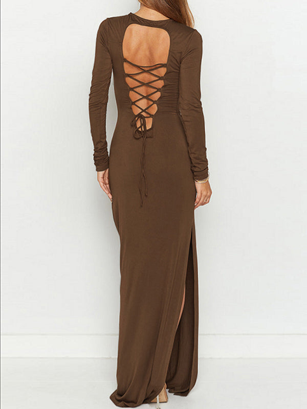 Bodycon Long Sleeves Backless Hollow Color Split-side Round-neck Maxi Dresses