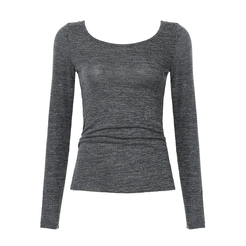 Causal Backless O-neck Blouses Long Sleeve Simple Slim All-match S Clothes