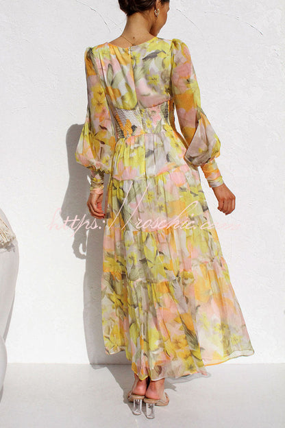 Olena Abstract Balloon Sleeves Maxi Dress (the Back Is Stretchy)