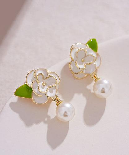 Diy White Sterling Silver Overgild Enamer Pearl Drop Earrings