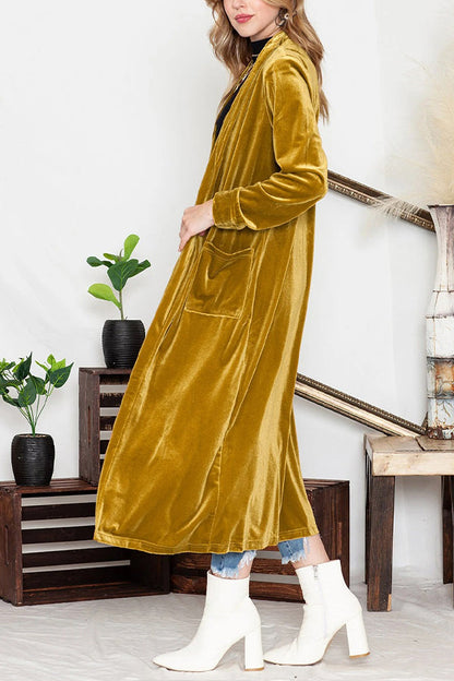 Yellow Velvet Open Front Pocket Long Cardigan