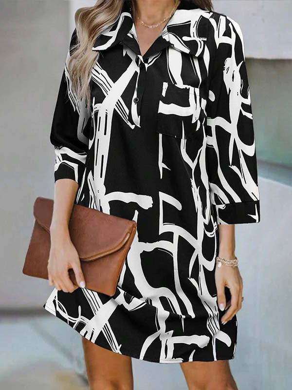 Loose Nine-minute Sleeve Buttoned Printed Lapel Mini Dresses