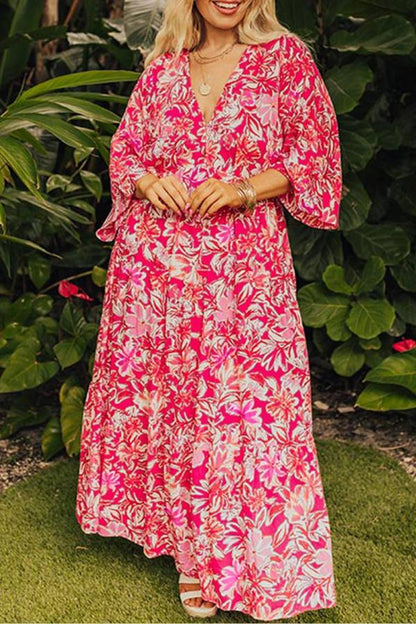 Rose V Neck Flounce Sleeve Maxi Dress