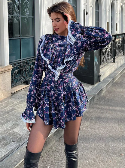 Ruffled Patchwork ’s Mini Dress – Long Sleeve Party Dress