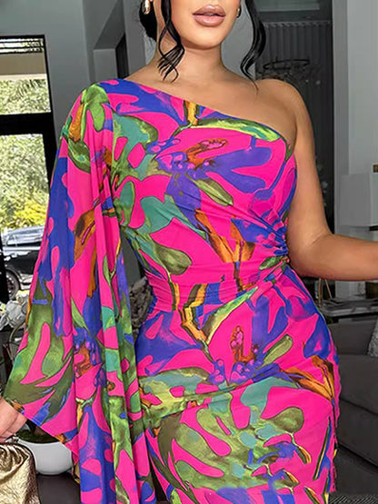 Bodycon Sleeveless Asymmetric Pleated Printed One-shoulder Maxi Dresses