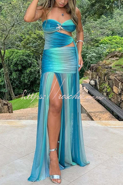 Soleil Mesh Printed Starfish Pendant Ruched Cutout Off Shoulder Maxi Dress