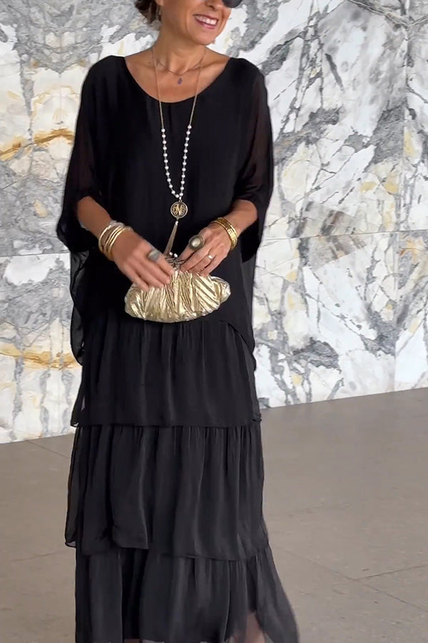 Color Crew Neck Loose Tiered Maxi Dress