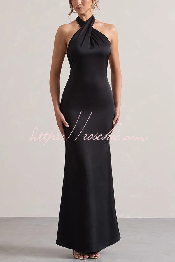 Color Halter Neck Tie Backless Slim Maxi Dress