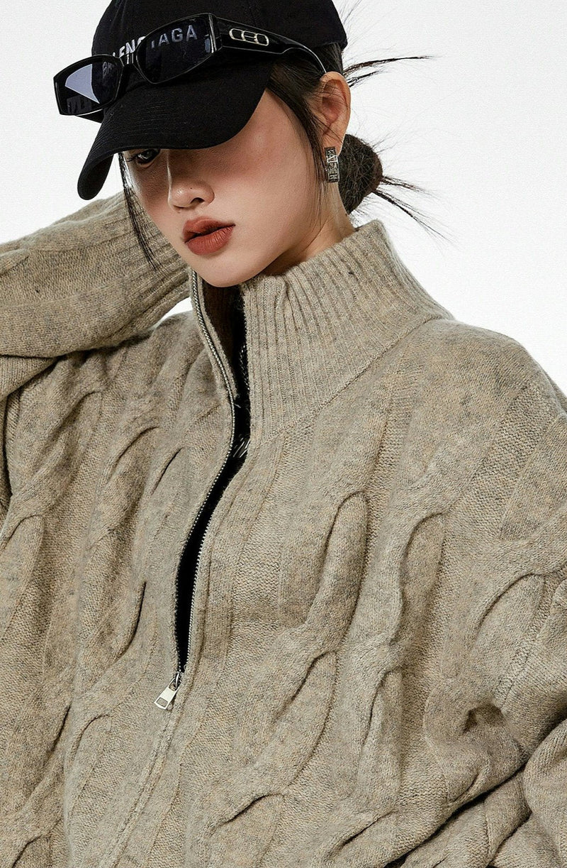 Ribbed Trim Cable Knit Zip-up Cardigan