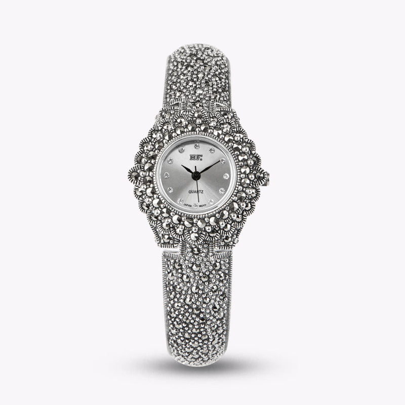 Black Sterling Silver Zircon Metal Organic Glass Wrist Watch