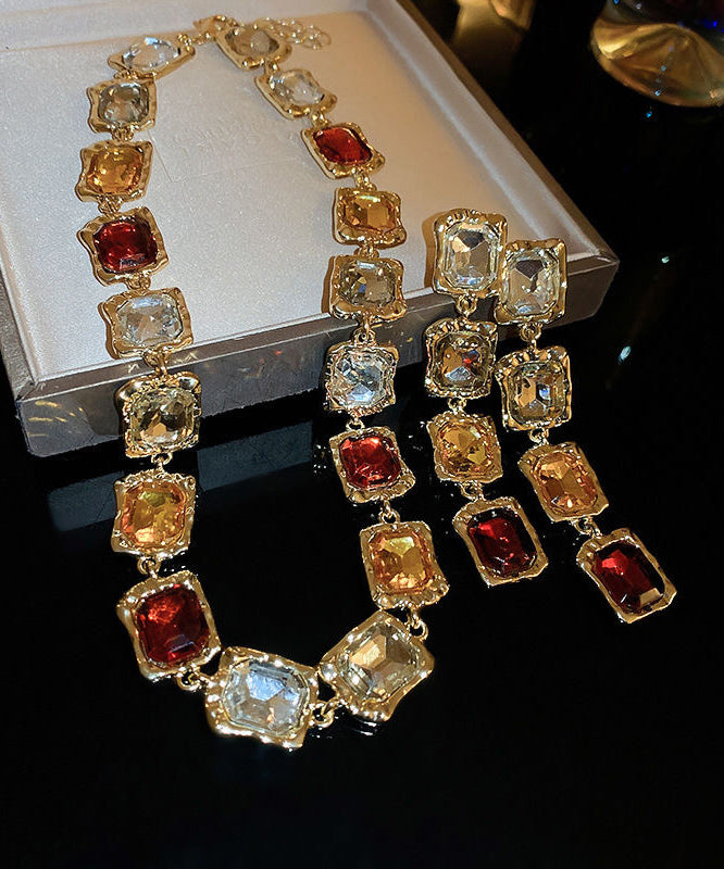 Gold Alloy Gem Stone Necklace and Drop Earrings Two-piece Set