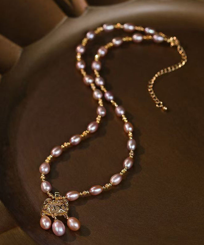 Light Purple Sterling Silver Overgild Pearl Safe Lock Pendant Necklace