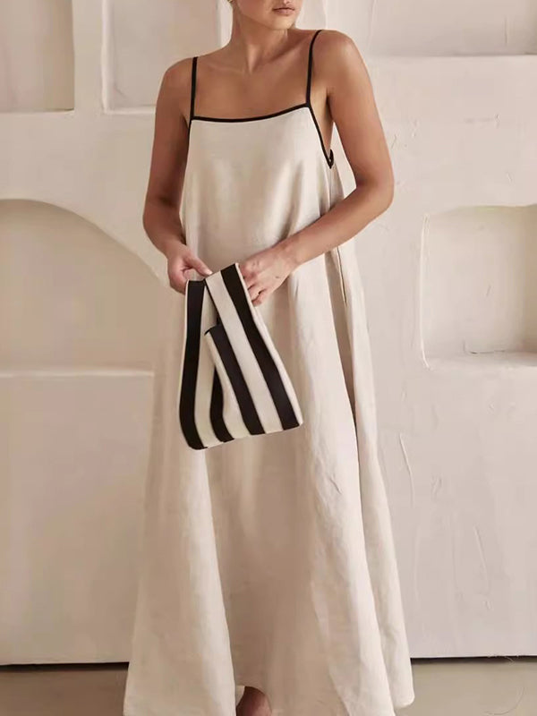 A-line Loose Split-joint Spaghetti-neck Maxi Dresses