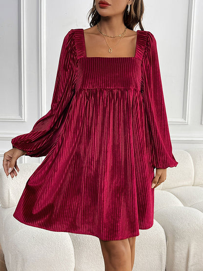 A-line High Waisted Pockets Color Split-joint Velvet Square-neck Mini Dresses