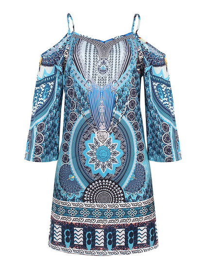 High Waisted Loose Hollow Printed Split-joint Cold Shoulder Mini Dresses