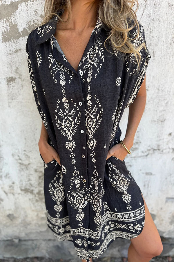 Linen Blend Unique Print Lapel Pocket Mini Dress