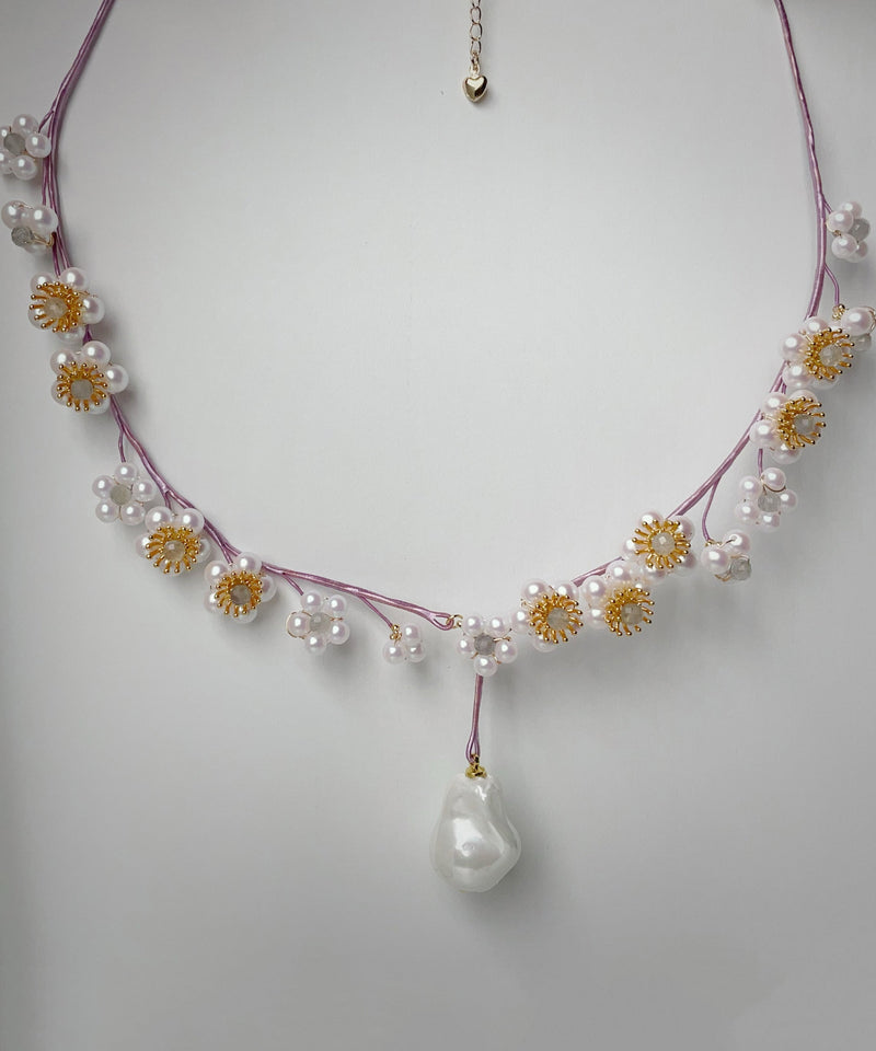 Purple Weaving Pearl Tassel Lariat Necklace