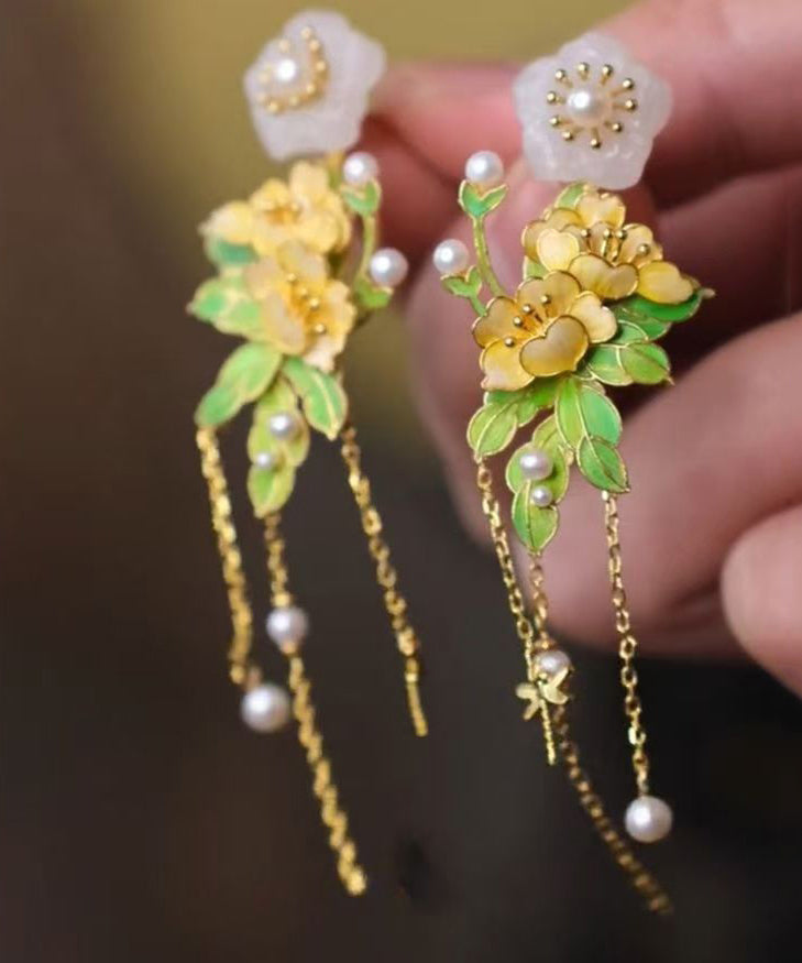 Gold Sterling Silver Overgild Jade Tassel Drop Earrings