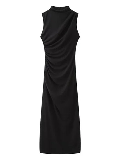 Pleated Long Sleeved Slim Maxi Dress – Off-shoulder Bodycon Gown