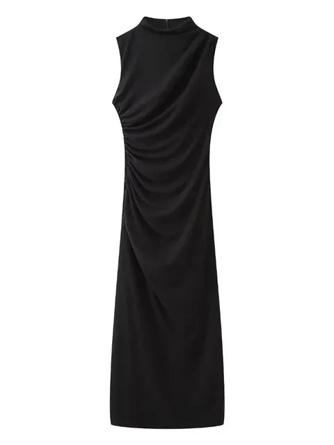 Pleated Long Sleeved Slim Maxi Dress – Off-shoulder Bodycon Gown
