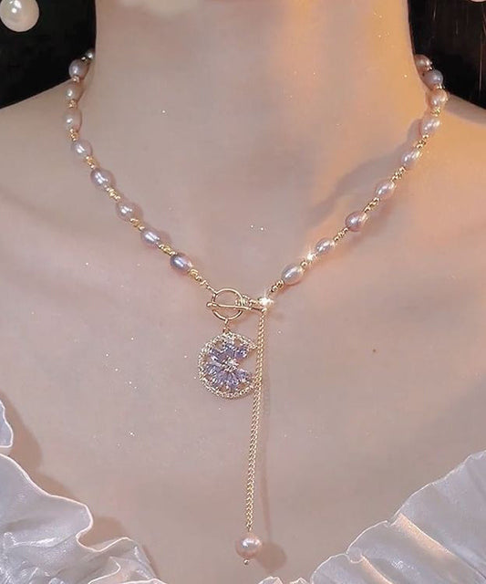 Light Purple Copper Overgild Pearl Tassel Pendant Necklace
