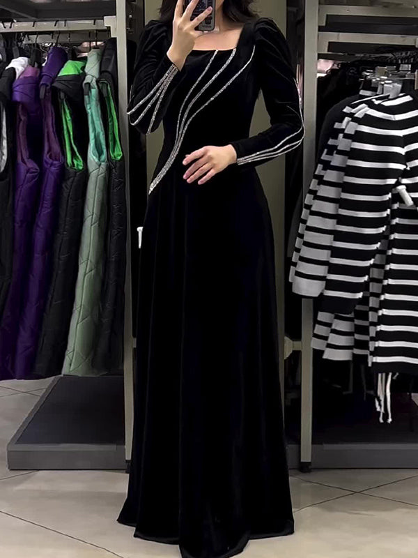 Color Tied Waist A-line Sequined Long Sleeves Maxi Dresses