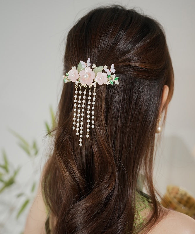Classy Rainbow Alloy Pearl Butterfly Tassel Hairpin