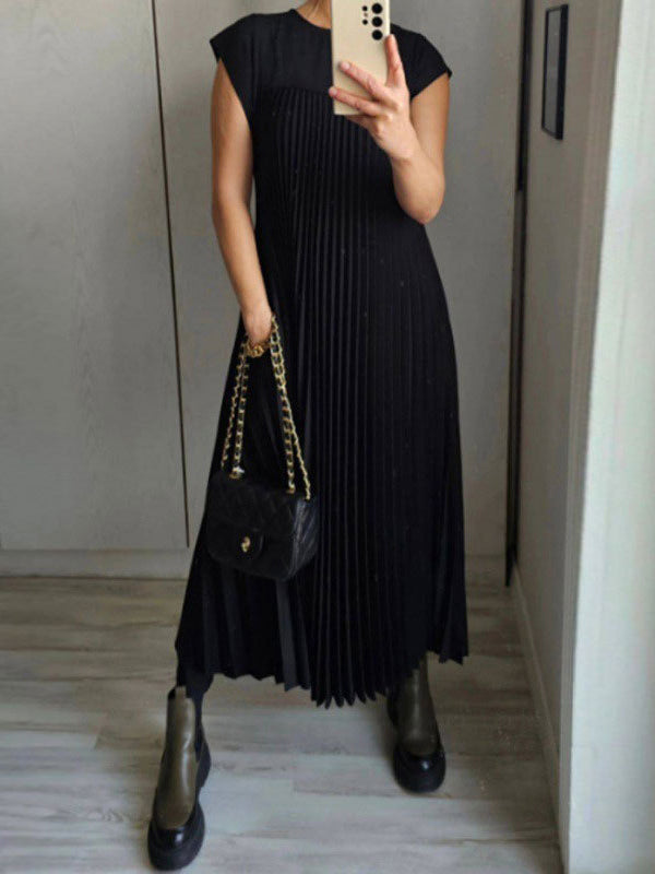 A-line High Waisted Pleated Pockets Color Split-joint Round-neck Maxi Dresses