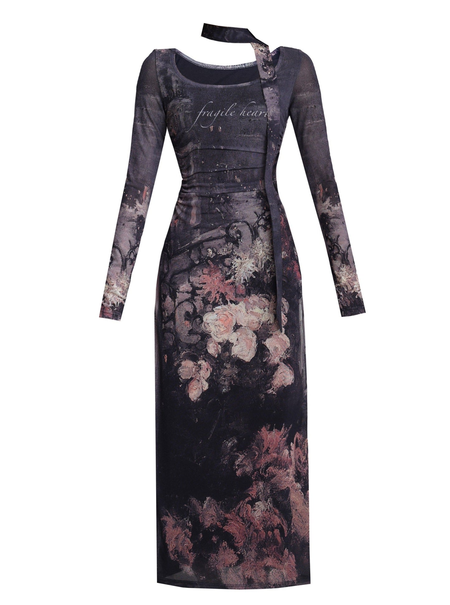 Enchanting Midnight Bloom Maxi Dress: Long-sleeve Bodycon With Print and Choker Detail