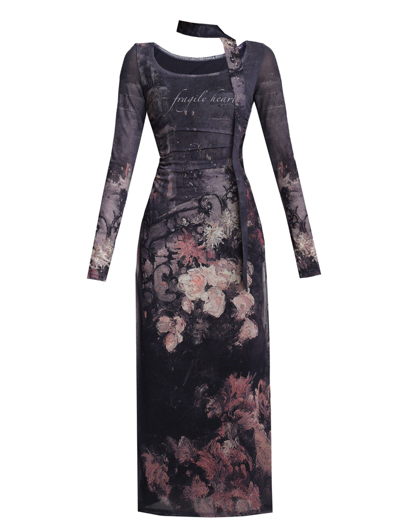 Enchanting Midnight Bloom Maxi Dress: Long-sleeve Bodycon With Print and Choker Detail