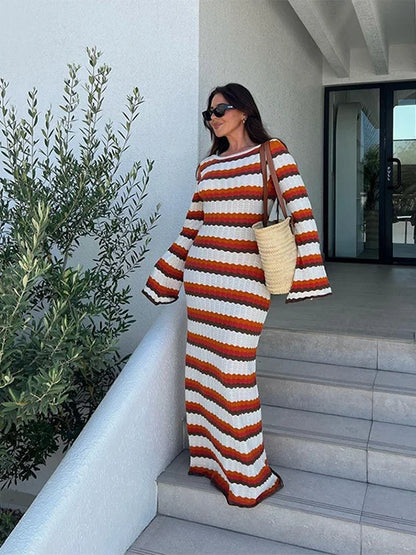 Striped Contrast Knit Maxi Dress Hollow Out Long Sleeve Cover Up Summer Loose Dress High Waist Dress