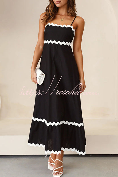 Bayside Beauty Wave Trim Patchwork Back Smocked Suspender Maxi Dress