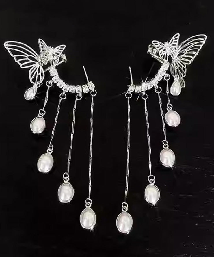 Silk Copper Zircon Pearl Butterfly Tassel Drop Earrings