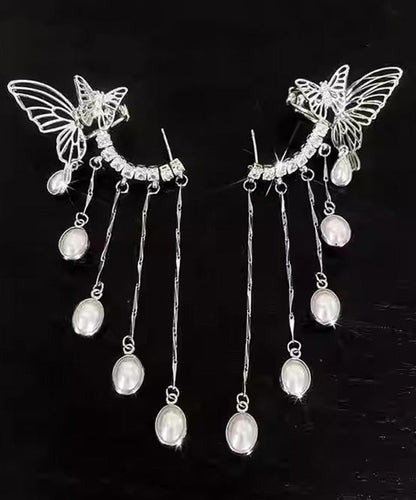 Silk Copper Zircon Pearl Butterfly Tassel Drop Earrings