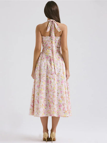 Print A-line Midi Dress for Halter Sleeveless Backless Loose Printed Long Dress New