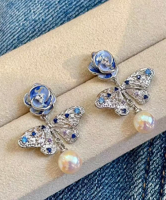 Silk Alloy Pearl Zircon Butterfly Enamel Drop Earrings