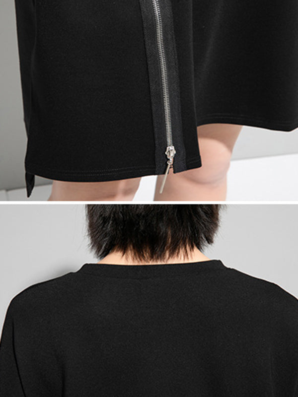 Original Black Zipper Batwing Sleeve Round-neck Mini Dress