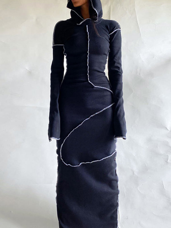 Long Sleeves Color Split-joint Hooded Maxi Dresses
