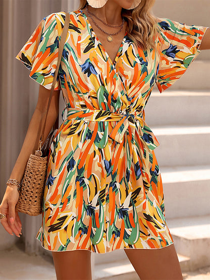 High Waisted Loose Printed Tied Waist V-neck Mini Dresses