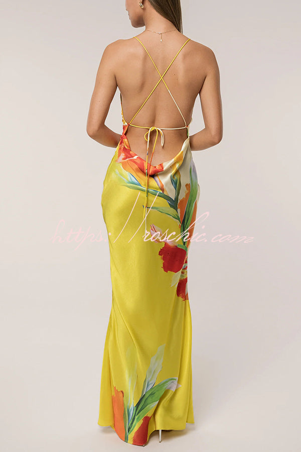 Luisa Satin Print Cowl Neck Open Back Tie-up Maxi Dress