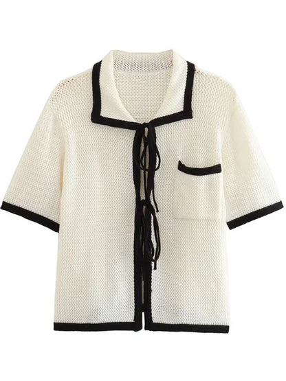 Contrast Knit 2 Piece-set Lace-up Short Sleeve Cardigan Top and Long Skirt Sets High Waist Knitwear Outfits
