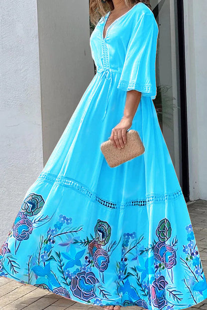 Unique Printed Lace Patchwork Lace Up Maxi Dress