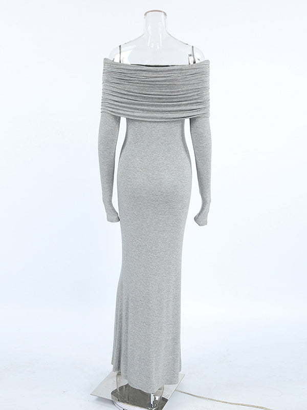 Long Sleeves Skinny Pleated Color Split-joint Off-the-shoulder Evening Dresses Maxi Dresses