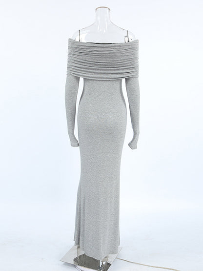 Long Sleeves Skinny Pleated Color Split-joint Off-the-shoulder Evening Dresses Maxi Dresses